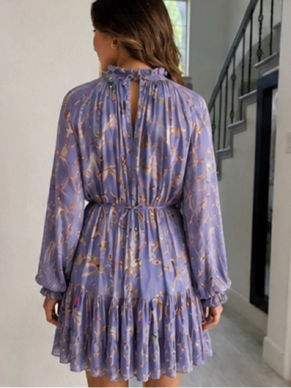 Banana Republic Floral Bird Print Ruffle Mini Dress Petite Large Purple EUC